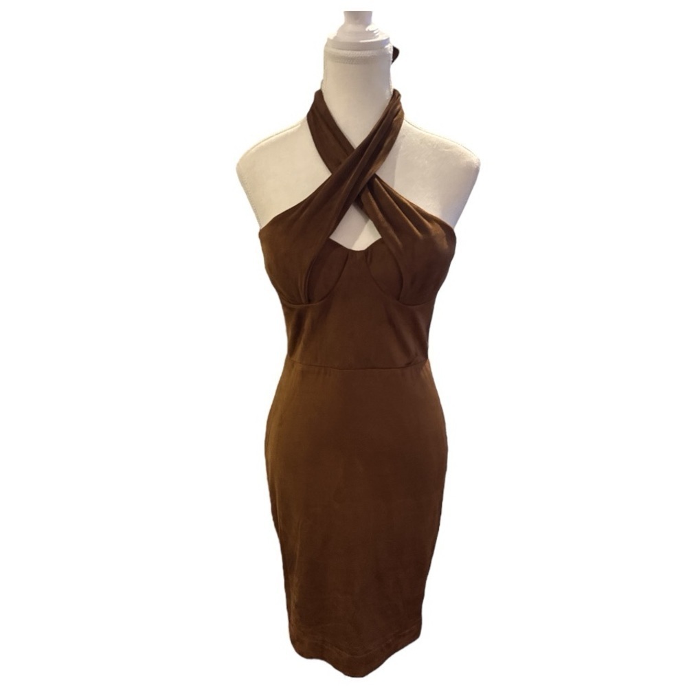 House of CB Camel Suedette Palmira Bustier Bodycon Halter Dress Sz M Mini - Picture 9 of 13